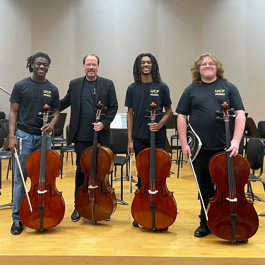 students and teacher at the University of Central Florida Cello Day